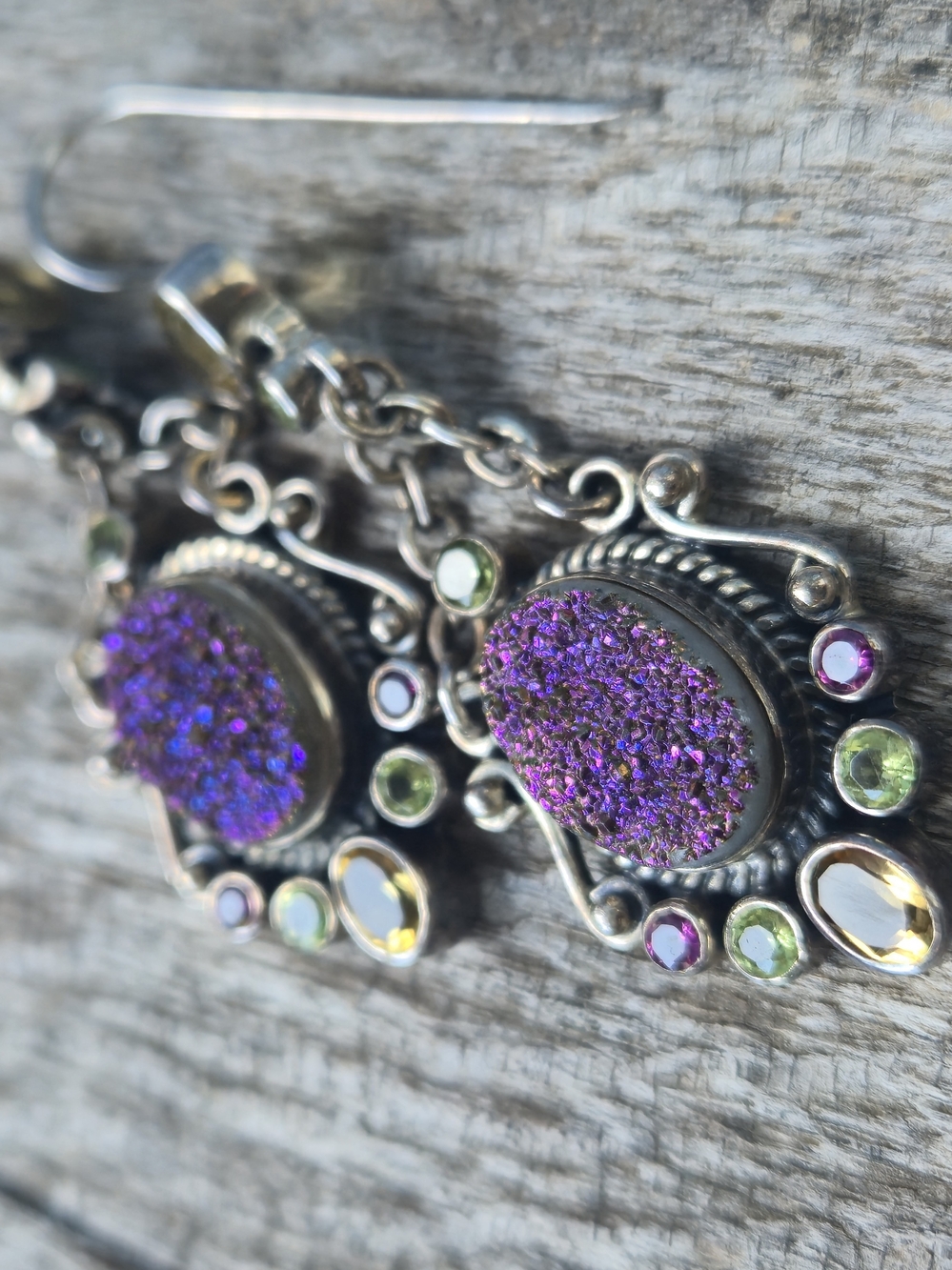 Nicky Butler Druzy Earrings Citrine Rhodolite Peridot 925 Sterling Silver NB